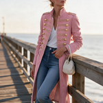 Vintage Washed Denim Military Officer Longline Gold-Button Fitted Statement Coat Women