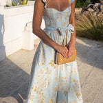 Margovil Ruffled Shoulder Bow Knot Waist Slit Printed Vintage Party Dress