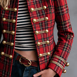 Retro Red Plaid Frog Button Velvet Collar Jacket