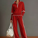 Retro Sporty Webbing Grey-white Half-zip Sweatshirt And Wide-leg Pants Set