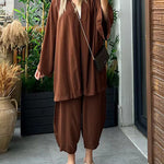 Nadorine Women's Casual Comfort Set Loose Cardigan Top & High-Waist Wide-Leg Pants with Pockets