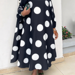 Long Sleeves Loose Contrast Color Polka-Dot Round-Neck Maxi Dresses