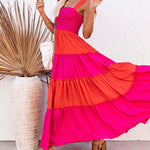 Sleeveless Elegance Suspender Dress with Splicing Wooden Ears Colorblock Maxi Dress