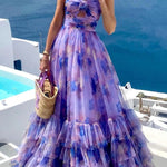 Dreamy Clouds Tulle Printed Rose Detail Cutout Ruffles Tiered Halter Maxi Dress