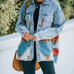 Nadorine Aztec Lapel Long Sleeve Retro Western Denim Jacket