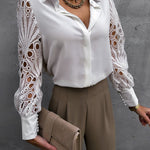 Nadorine Elegant Lace V-NeckShirt Solid Color Hollow Out Long Sleeve Patchwork Blouse