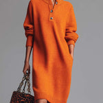 Orange Lapel Button-Front Knit Midi Dress