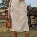 Nadorine Women's Casual High Waist Denim Midi Skirt Drawstring Adjustable Long Jeans Skirt with Pockets