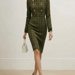 High Waisted Long Sleeves Buttoned Solid Color Split-Joint Zipper Mock Neck Midi Dresses