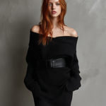 Women's Elegant Black Knitted V-neck Off-the-shoulder Long And Short Dress