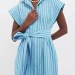 Short Sleeves Button Down Tie Waist Striped Mini Dress