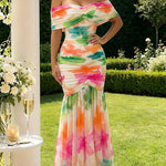 Women's Foldover Off-Shoulder Floral Mermaid Dress Mesh Ruched Maxi Gown with Detachable Clear Straps