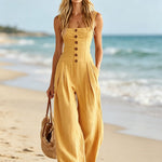 Retro-style Wide-strap Single-breasted Cotton-linen Sleeveless Jumpsuit