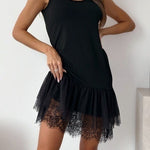 Round Neck Sleeveless Patchwork Lace Trim Mini Dress