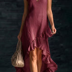 Margovil V Neck Sleeveless High Low Hem Ruffle Maxi Dress