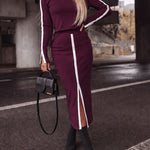 2 Pieces Outfit O-Neck Long Sleeve Slit Cuffs Top and Elastic Waist Slit Front Skirt Set Casual Contrast Striped Set