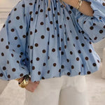 Lantern Long Sleeves Bow Back Slit Polka Dot Top