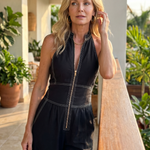 Dara™ | Zip Front Contrast Stitch Wide Leg Jumpsuit