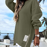 Letter Patch Detail Long Sleeve Drop Shoulder Pullover Sweatshirt Casual Zipper Side Slit Top