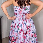 Strapless Tube Back Lace-up Floral Print Midi Dress