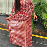 Geometric Print Long Sleeve Waist Tied Detail Maxi Dress Casual Slim Fit Slit Vacation Dress
