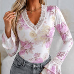 Women's French Floral Print Slim Fit Top Lace V Neck Double Layer Flared Cuffs Soft Stretch Knit Blouse