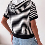 Women's Striped Half Zip Drawstring Hoodie Short Sleeve Sweatshirt Loose Contrast Trim Casual Pullover Top