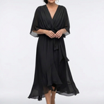 Elysia | V Neck Draped Waist Tie Midi Dress