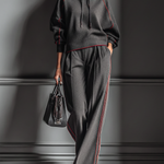 Women's Dark Gray Air Layer Red Contrasting Edge Hooded Sweatshirt And Straight Pants Set