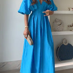 Elegant V Neck High Waist Ruched Swing Maxi Dress