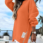 Letter Patch Detail Long Sleeve Drop Shoulder Pullover Sweatshirt Casual Zipper Side Slit Top