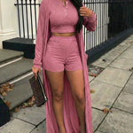3 Pieces Outfit Sleeveless Half Button Front Crop Tank Top and High Waist Elastic Waist Shorts Set with Longline Cardigan Casual Rhinestone Decor Textured Set
