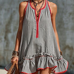 Casual Retro Ruffled Red And White Striped Cotton Linen Sleeveless Mini Dress