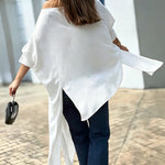 Women's Skew Neck Batwing Sleeve Tee Asymmetric Loose Cape Blouse Slit Elegant Top