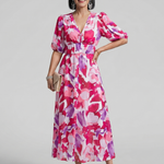 Candlia | Puff Sleeve V Neck Abstract Print Midi Dress