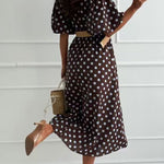 Lapel Lantern Short Sleeves Button Up Polka Dot Midi Dress