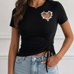 Women's Heart Cutout Rhinestone T-Shirt Short Sleeve Side Drawstring Ruched Top Slim Fit Sparkly Party Tee