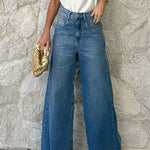 High Waist One Button Pocketed Wide Leg Pants