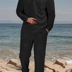KZZ Men's Textured Long Sleeve Polo Shirt & Drawstring Pants Set