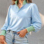 Women's Contrast Stripe Patchwork Blouse Frill Hem Stand Collar Puff Lantern Sleeve Shirred Cuff Pullover Shirt