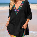 Women's V Neck Beach Cover Up Pom Pom Trim Side Slit Sheer Caftan Causal Three Quarters Sleeve Swimwear