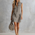 Vintage Distressed Wash Khaki Denim Raw Hem Mini Dress