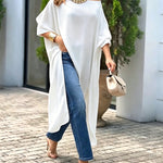 Women's Skew Neck Batwing Sleeve Tee Asymmetric Loose Cape Blouse Slit Elegant Top