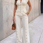 Women's 2-Piece Elegant Set Deep V-Neck Sleeveless Backless Pleated Top and Wide-Leg Pants Formal Outfit