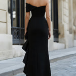 Black One-Shoulder Ruffled Evening Gown With Asymmetric Slit