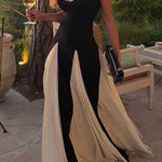 Margovil Spaghetti Strap Low Cut Color Block Swing Maxi Dress