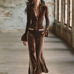 Retro Sporty Brown Leopard Print Lapel Front Zip-up Top And Flared Pants Velvet Set