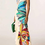 One Shoulder Floral Print Ruffle Hem Slit Maxi Dress