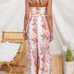 Strapless Floral Print Tie Waist Split Wide Leg Jumpsuit