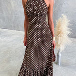 Halter Neck Backless Polka Dot Ruffle Maxi Dress